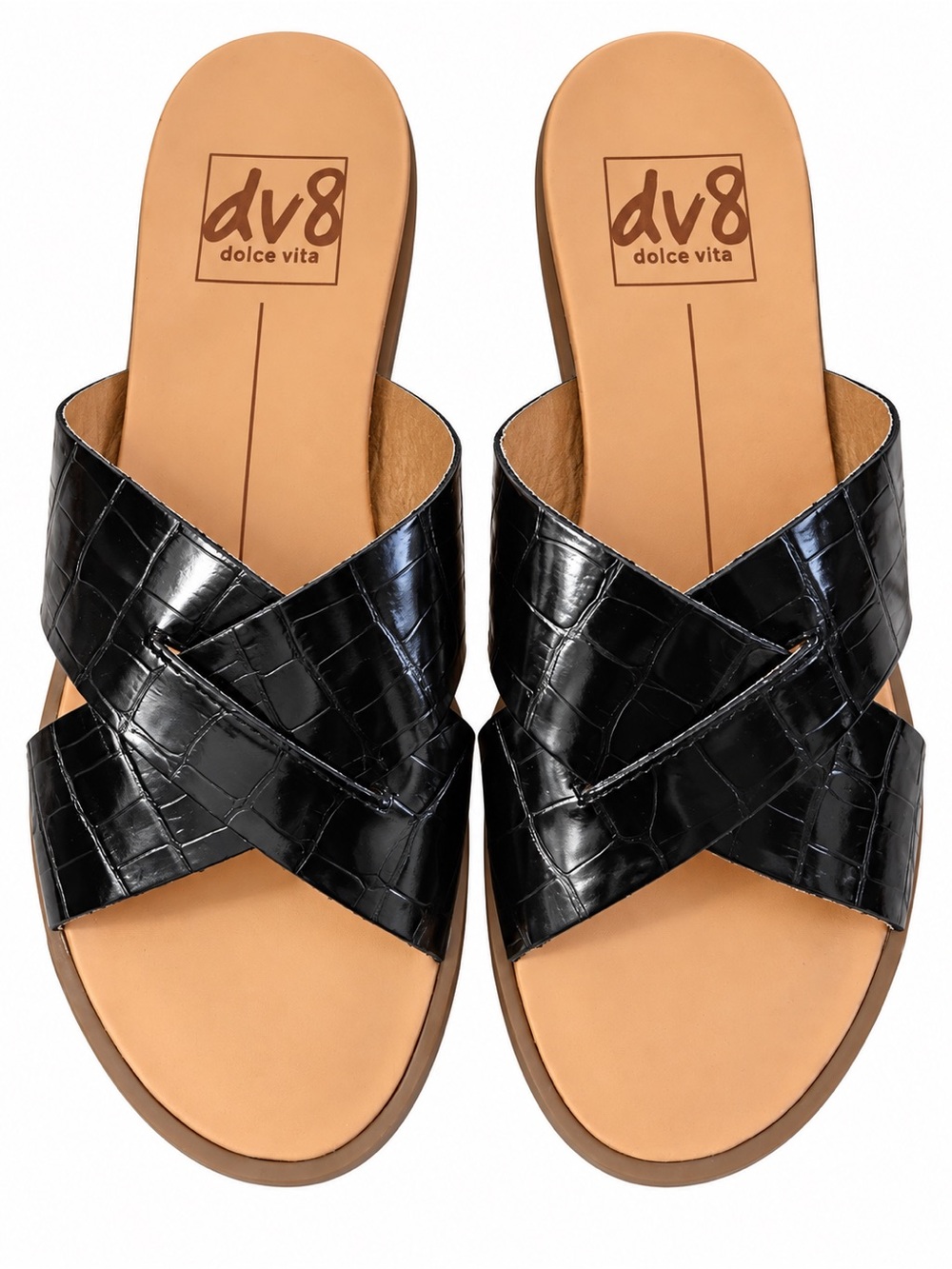 Dolce Vita Black Croc-Embossed Crisscross Slide Mules